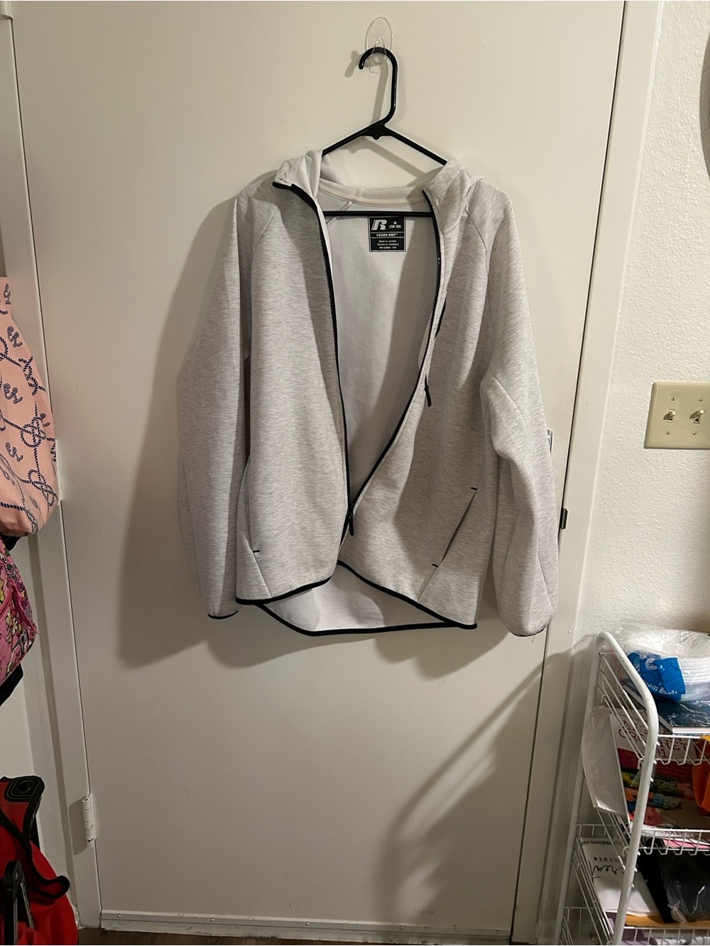 Russell Athletic Light Gray Hooded Bomber Jacket with Black Trim